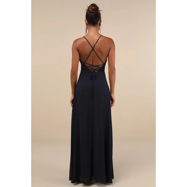 NWOT Lulus Event Ready Navy Backless Lace-Up Maxi Dress Wedding Bridesmaid Sz L - Image 3