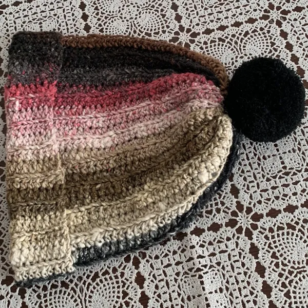 Handmade Hand Crocheted Ladies Hat Cap Beanie Black Brown Pink One Size Warm Winter Wear - Image 4