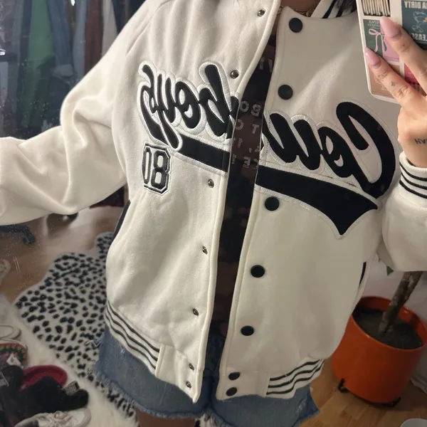 Edikted Cowboys Snap Front Varsity Jacket White Size Large - Image 3