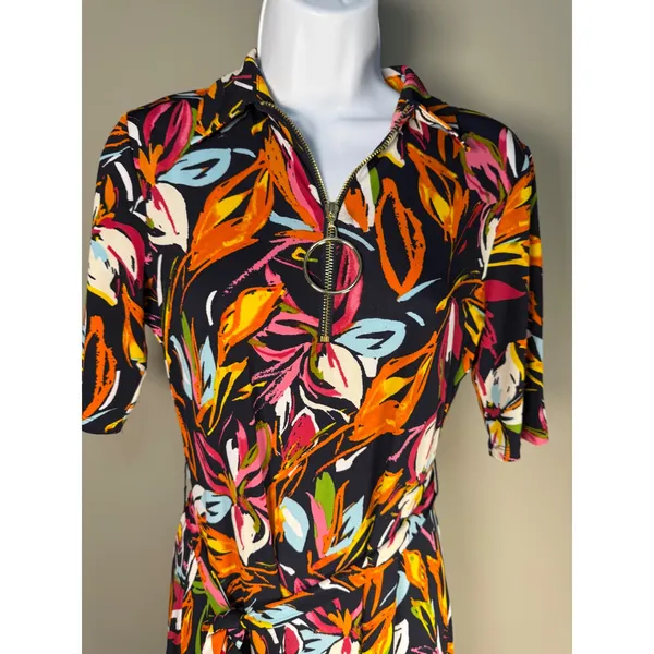 MSK Floral Zip Front Tie Waist‎ Midi Dress Black Multicolor Small - Image 3