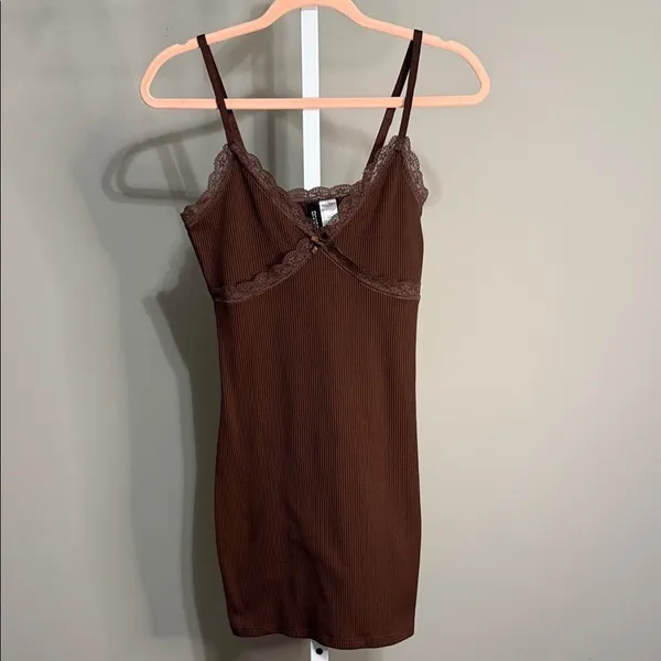 Divided Brown Lace Trim Ribbed Dress Small Y2K Coquette Dark Feminine Romantic‎ - Image 2