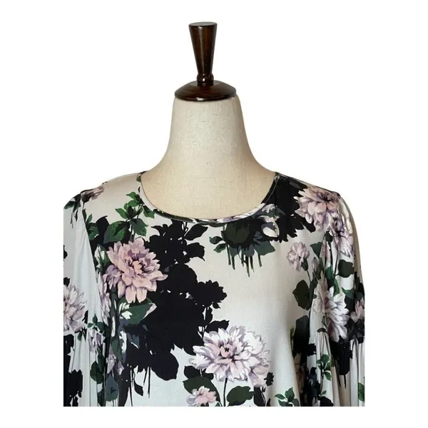Club Monaco White Floral Print Puff Bell Sleeve Crew‎ Neck Blouse Size S - Image 3