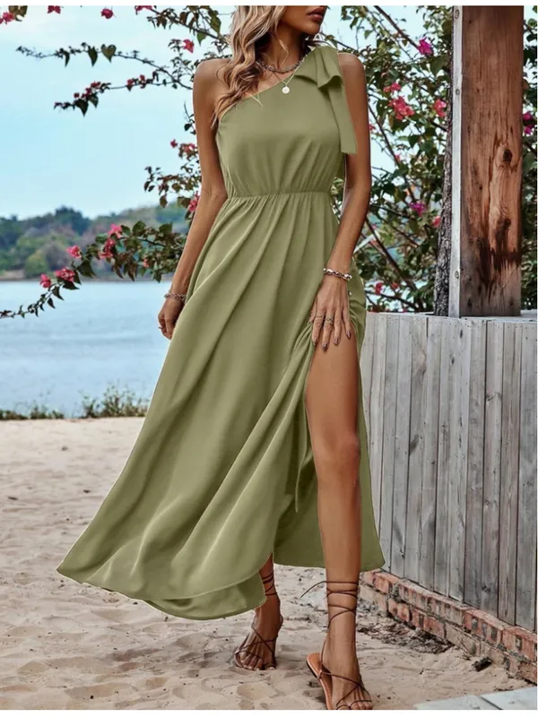 NEW Olive Green One Shoulder Maxi Dress S - Image 5