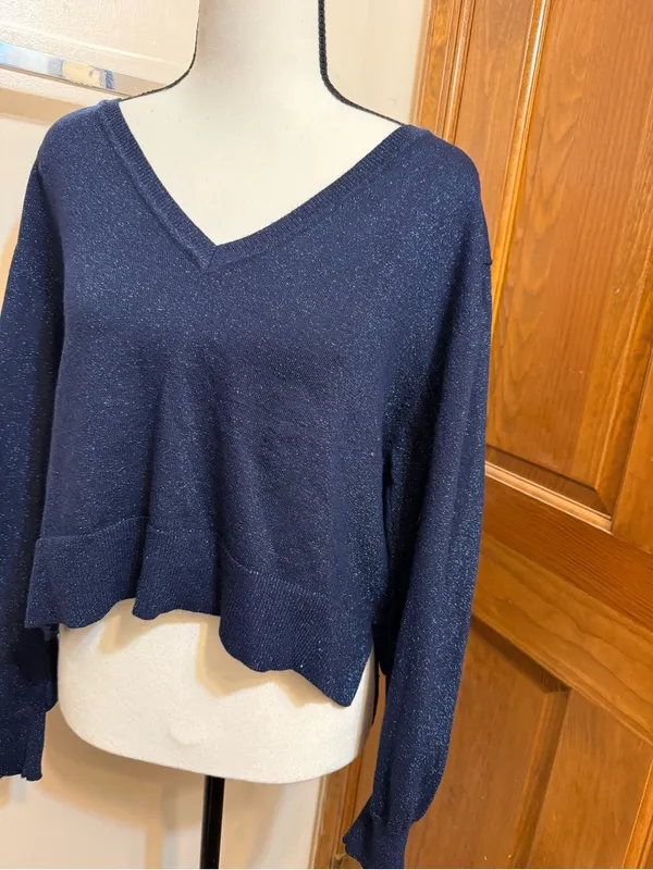 Sam Edelman | Navy Sparkle V-Neck Crop Sweater - Image 5