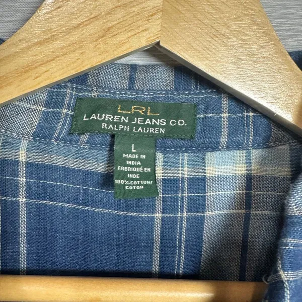 LRL Lauren Jeans Co Womens Shirt Large Button Down Blouse LongSleeve Plaid Blue - Image 3