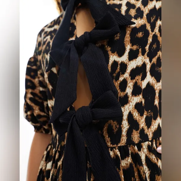 ASOS DESIGN puff sleeve tie front maxi dress in leopard print - Image 3