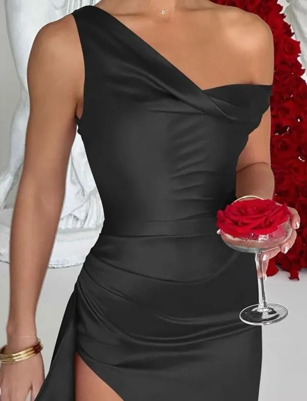 One Shoulder High Split Formal Party Evening Maxi Dress Black Size M - Image 3