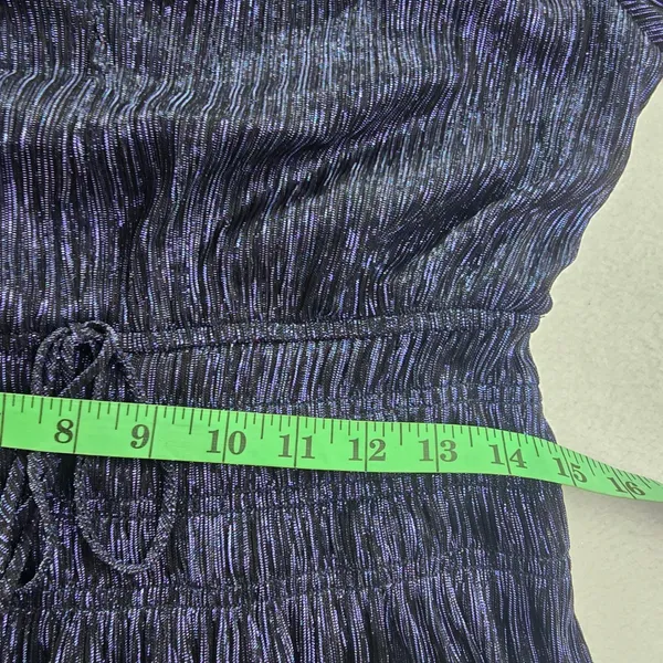 White House Black Market Navy Blue Metallic‎ Pleated Smocked Peplum Blouse Small - Image 10