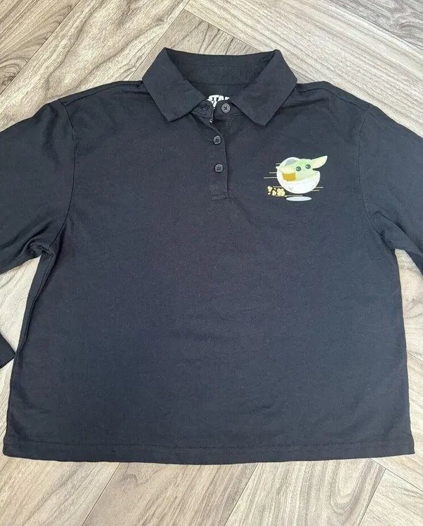 Star Wars Polo Shirt Mad Engine Long Sleeve Baby Yoda Collared Cropped Medium - Image 2