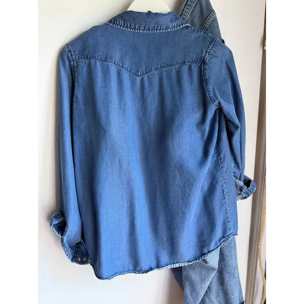 Western Snap Tencel Lyocell Front Chambray Shirt Studded Collar Small - Image 4
