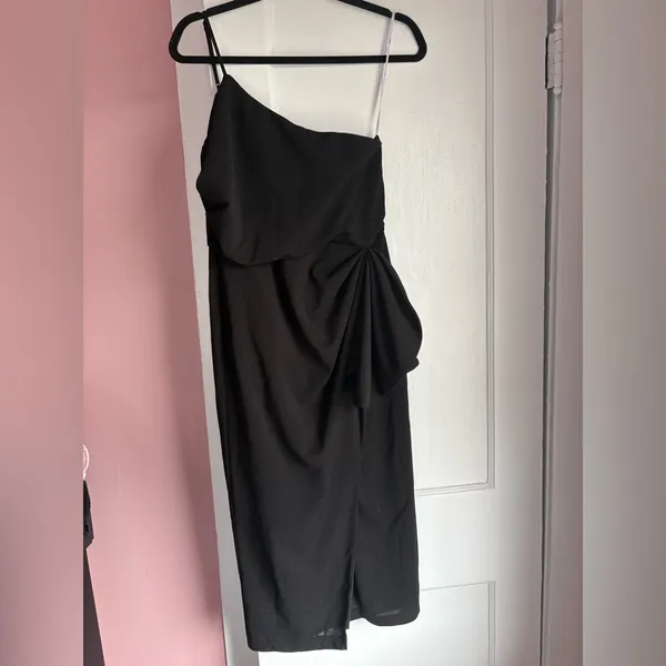 Lulus Black One Shoulder Midi Dress Draped Cocktail Formal Size Medium - Image 3