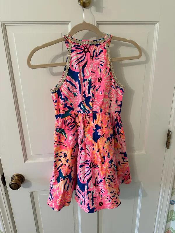 Lilly Pulitzer Girl’s Pink Floral Halter Dress with Embellished Neckline - Sz 10 - Image 5
