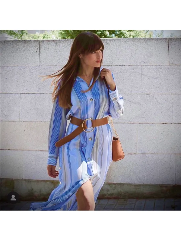 Zara Blue and Gray Multi-Stripe Button-Front Midi Shirt Dress with Brown Belt - Image 4