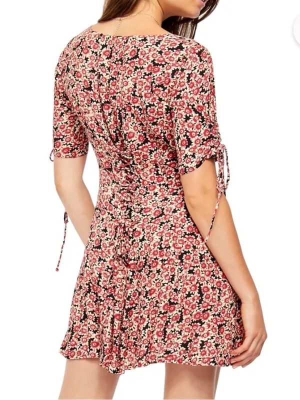 Free People Lace Up Mini Black Combo Dress Buttoned Front Ditsy Floral Print S - Image 3