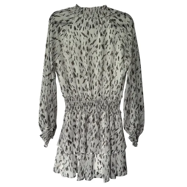 VICI White Gold Metallic Abstract Print Smocked‎ Tiered Mini Dress Small - Image 2