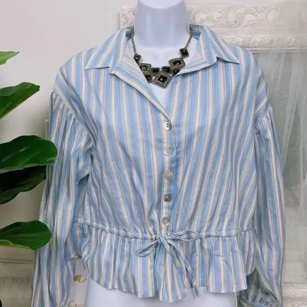Bellevue Casual Long Sleeve Arianna Stripe Button Down Shirt Blouse Top w/ Tie - Image 2