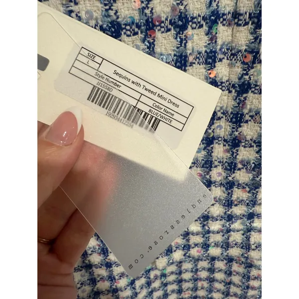 Tweed Sequined Mini Dress Blue White Check Womens L‎ - Image 3