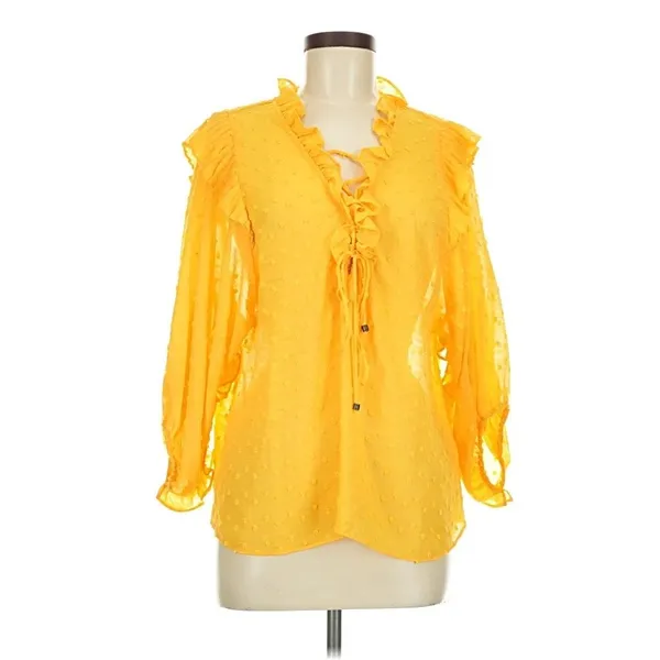 Anthropologie NWT 36R Haida Peasant Top Ruffled Swiss‎ Dot Blouse Mango Yellow M - Image 4