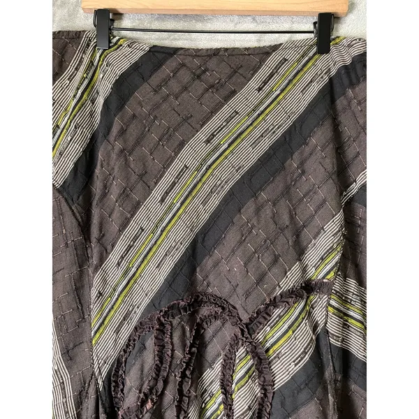 Vintage Y2K Brown Olive Striped Patchwork Maxi Skirt Asymmetrical Boho Artsy - Image 2