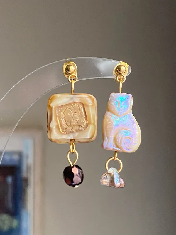 Handmade unique retro vintage fairy boho style dangle earrings w/ quality Czech glass beads mix 🌀🍃💛 - Image 5