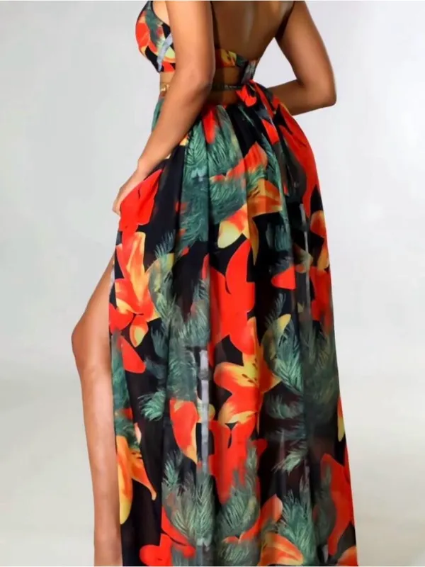 Women's Floral Print Chain Decor Split Thigh Tie Back Cami Dress - Image 3