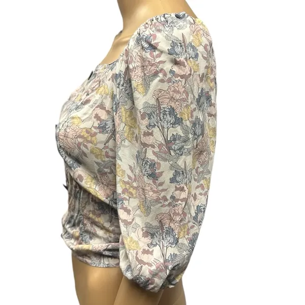 Bohme Floral Faux Button Front Smocked Back Balloon Half Sleeve Top Small - Image 3