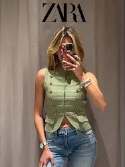 Zara NWT Sleeveless Olive green Military Button Vest hook closure stretchy - Image 2