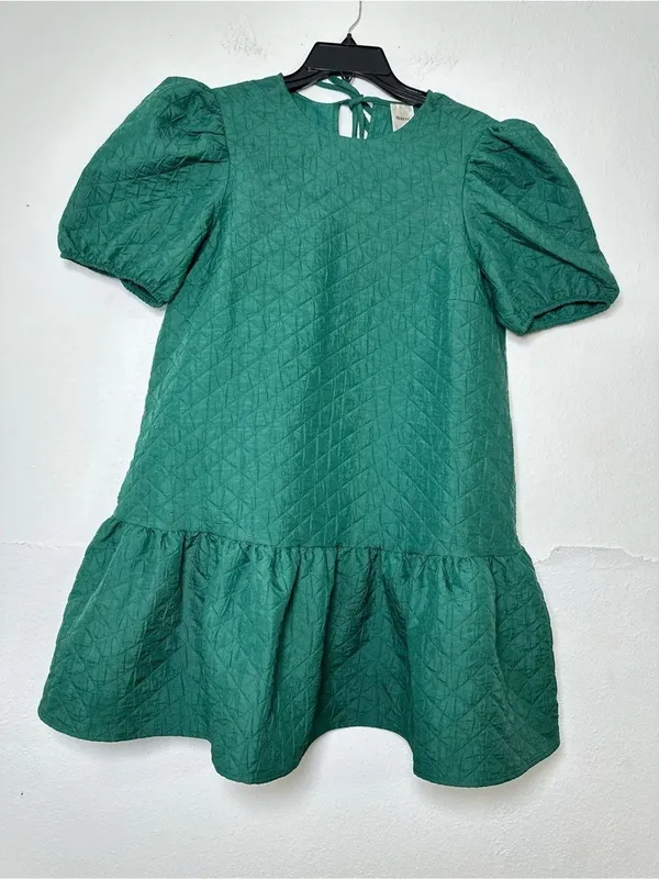 Anthropologie Maeve Green Drop Waist Jacquard Quilted Puff Sleeve Mini Dress Oversize Size M - Image 9