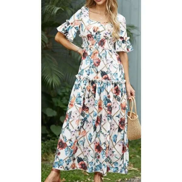 White Floral Maxi Dress Size L Flowy Feminine Long‎ Summer Lightweight Boho - Image 3