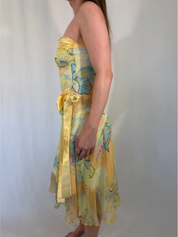 Whimsical Fairy Vintage Butter Yellow Strapless Butterfly Print Dress - Image 3