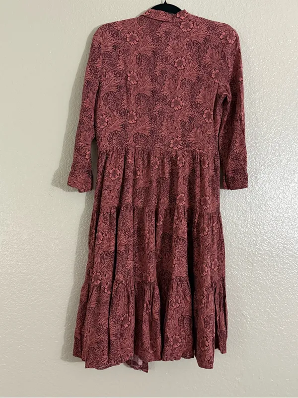 Morris & Co x H&M 6 William Morris Floral Tiered Midi Shirt Dress Burgundy Fall - Image 12