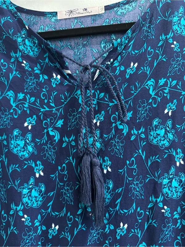 Blossom by P Blue Boho Floral Tunic Top Elephant Border Tassel Tie Size Medium M - Image 6