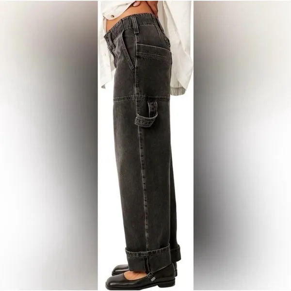 Free People We The Free Black Wash Major Leagues Cuffed Carpenter Utility Jeans - Image 7