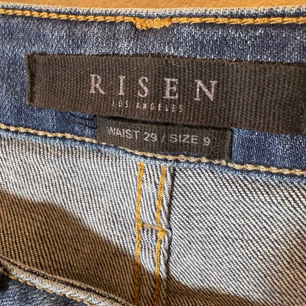 Risen Los Angeles Distressed Straight Leg Jeans Medium‎ Wash Raw Hem Size 29/9 - Image 6