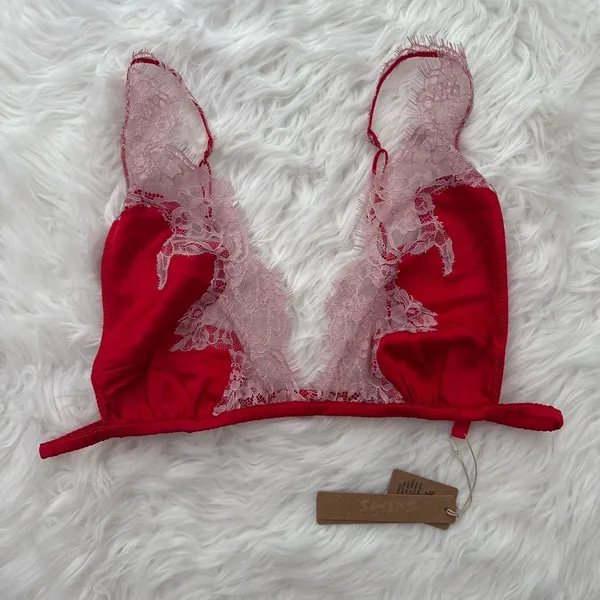 Skims Silk Lace Plunge Bralette Ruby Contrast Size XL - Image 3