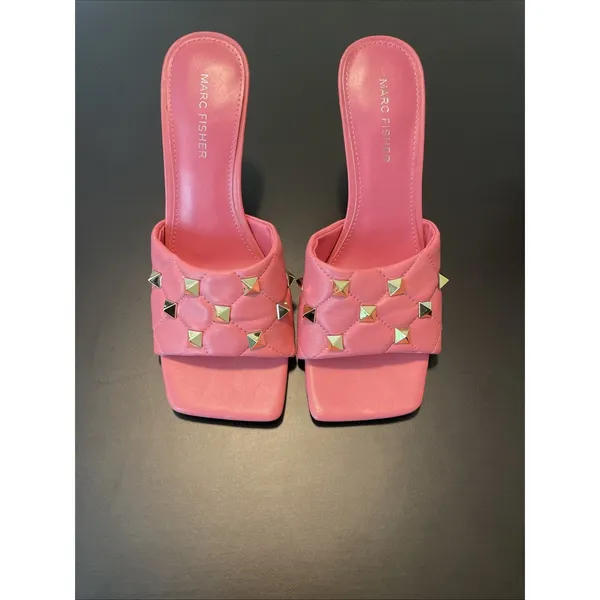 Marc Fisher Size 8M Salmon Pink Studded Slide Heels‎ Square Toe Mule Sandals - Image 2