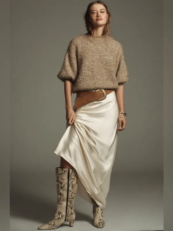 Maeve Violette Short-Sleeve Tinsel Pullover Sweater Metallic Gold Honey Small - Image 3
