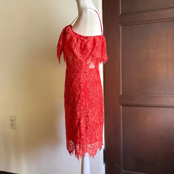 NBD x NAVEN | Allie Red Orange Lace Cocktail Dress Off Shoulder Sheer | Small - Image 5