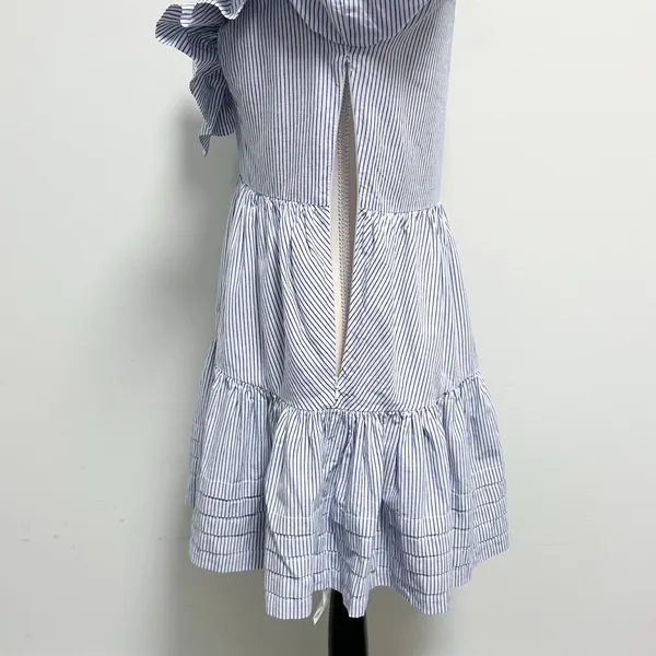 Saylor Blue White Stripe Zerina Plunging V Neck Puff Short Sleeve Mini Dress S - Image 5