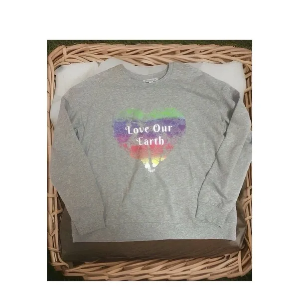EcoThreads Love Our Earth Gray Rainbow Heart Sweatshirt XL Eco Graphic Pullover - Image 2