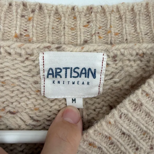 Artisan Knitwear Wool Blend Cable‎ Knit Sweater Medium Oatmeal Fisherman - Image 3