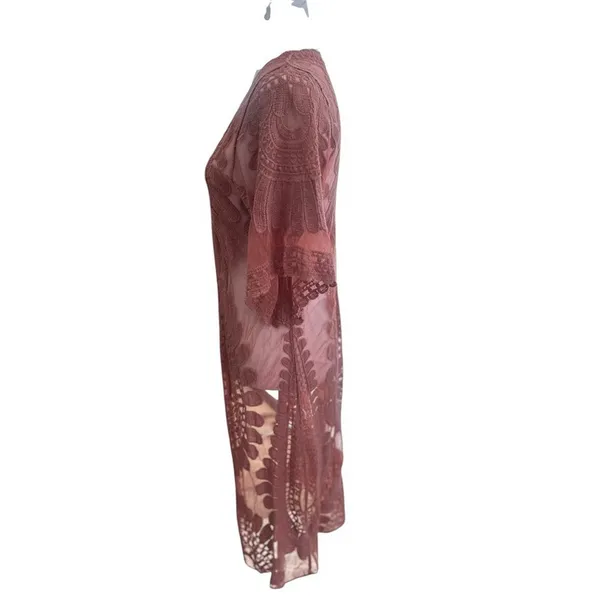 Rebellion Womens Cardigan Small‎ Rose Pink Lace Duster Robe Beach Cover Festival - Image 4