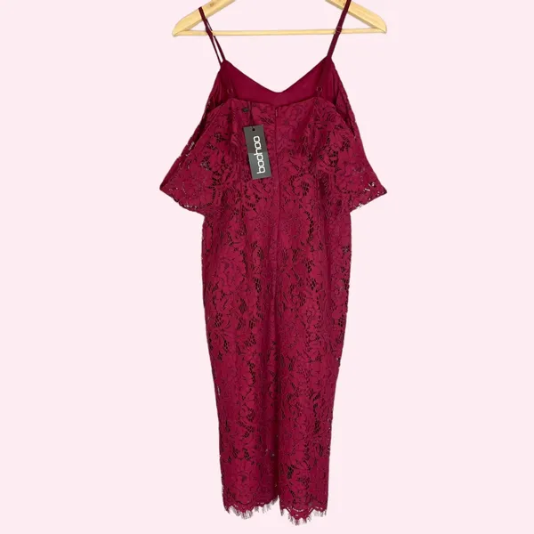 Boohoo Jess Lace Open Shoulder Dress Midi Berry NWT New Cocktail Straps‎ Bodycon - Image 12