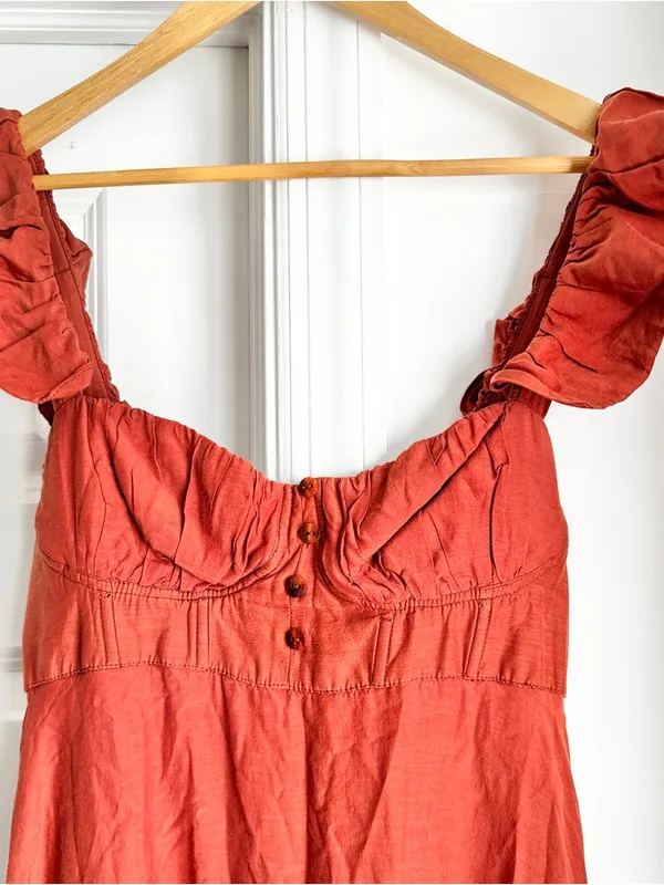 Farm Rio Ruffle-Sleeve Rust Midi Dress - Image 8