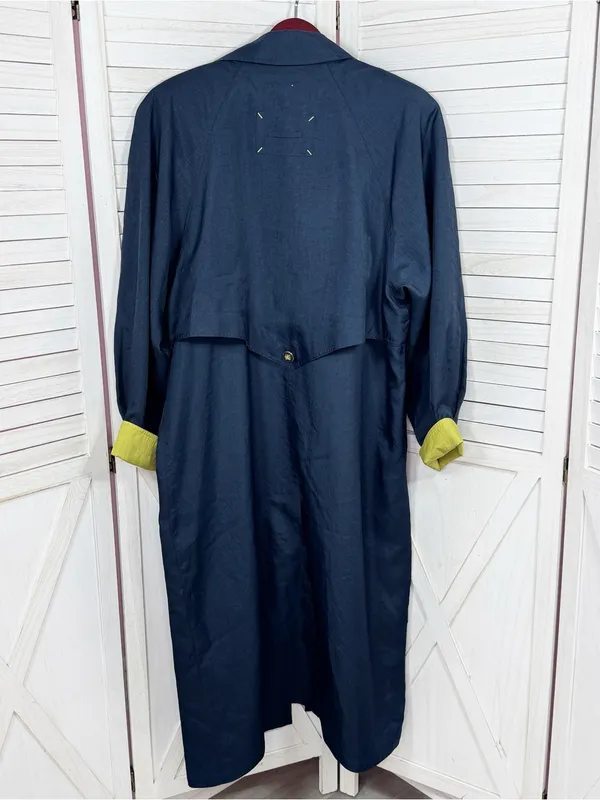 Vintage 90s Gantos Long Trench Rain Coat Navy Blue Yellow Size 14 Oversized - Image 9