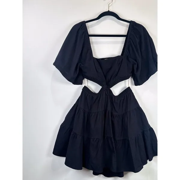 Free People Mini Dress Black Cross Of Sunlight Cutout Waist Smocked Tiered Small - Image 6