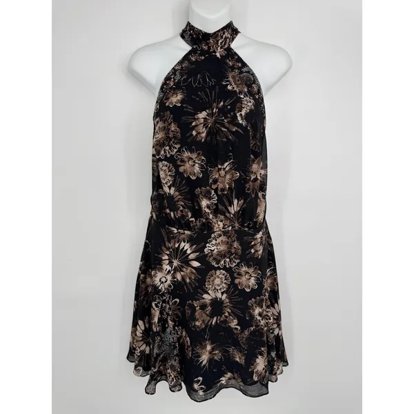 Free People Katerina Mini Dress Large Black‎ Floral Halter Neck Boho Party Chic - Image 4