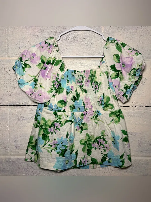 Old Navy White Floral Puff-Sleeve Square Neck Top - Blue & Green - Image 5