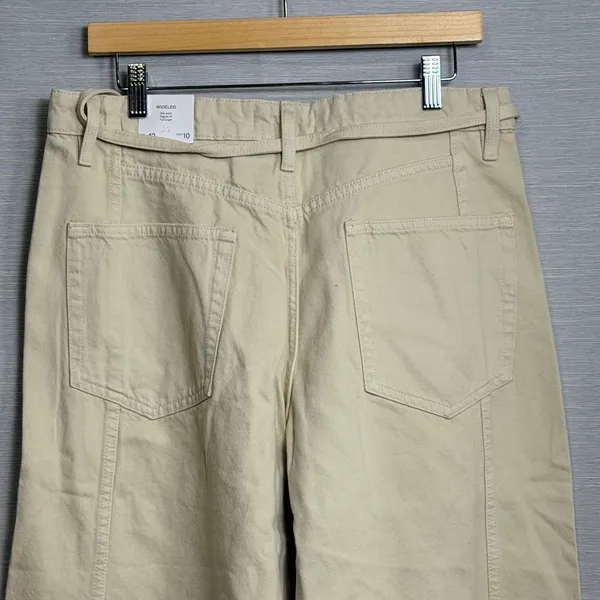 MNG Mango Women Beige Wide Leg Mid Waist Cotton Trousers with Tie Belt Size 10 - Image 6