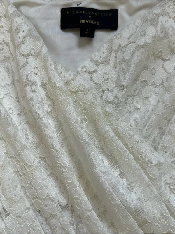 Michael Costello Revolve Cream Lace Midi Dress Puff Sleeve Ruffle Hem Feminine - Image 4